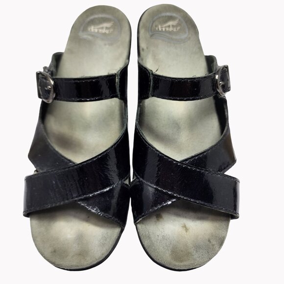 Dansko Womens size 8 Black Patent Leather Sandals block heel EU 38 - Picture 1 of 13